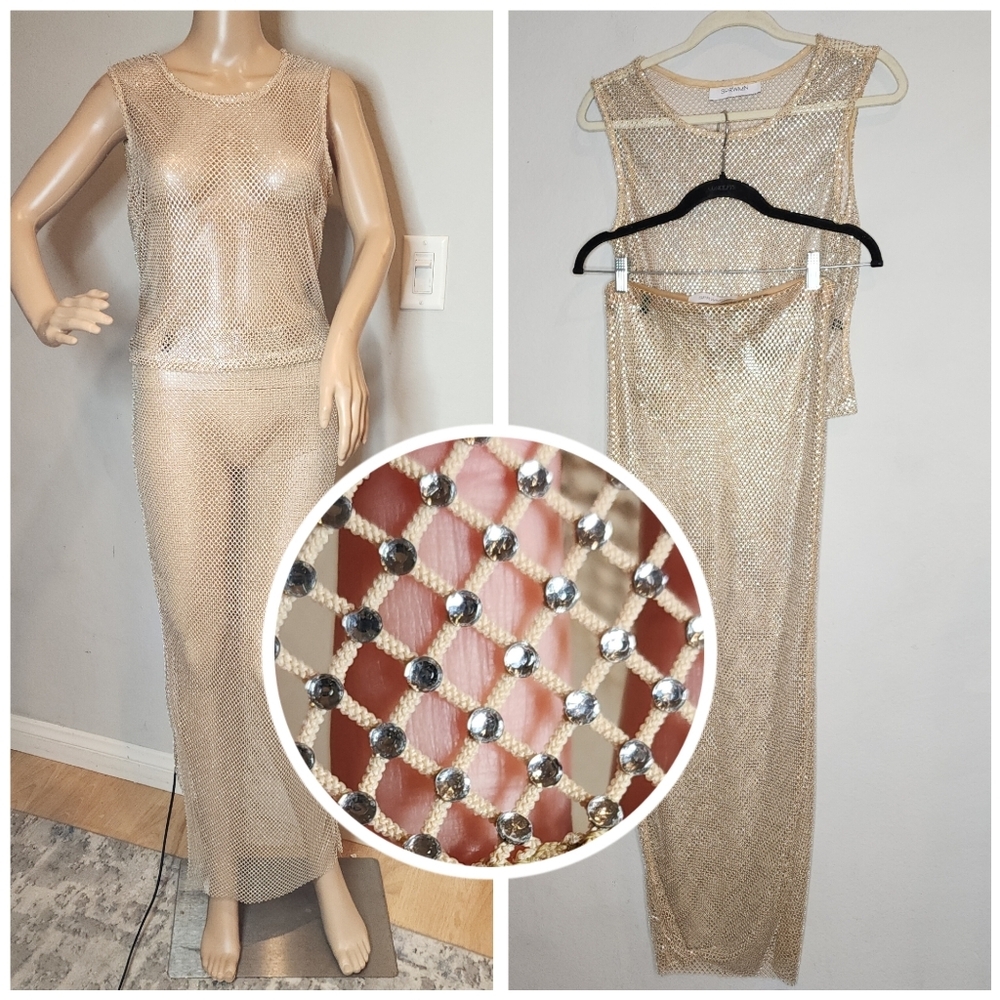SPRWMN Rhinestone‎ Fishnet Nude 2 Piece Set Maxi Skirt Tank Coverup Sheer Small